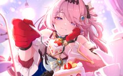  1girl bare_shoulders breasts cake cake_slice chain closed_mouth commentary_request denia_(wuthering_waves) detached_sleeves eating food fork gloves hair_ornament head_rest highres holding holding_fork long_hair looking_at_viewer mia_mia pink_hair red_gloves small_breasts smile solo tiered_tray wuthering_waves 