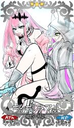  2girls :d animal arm_at_side ascot baobhan_sith_(fate) baobhan_sith_(first_ascension)_(fate) black_nails black_snake blue_boots boots border chest_belt commentary_request craft_essence_(fate) crossed_bangs diamond_hairband dot_nose earrings fake_horns fang fate/grand_order fate_(series) fingernails gradient_hair green_eyes grey_ascot grey_boots grey_eyes grey_hair grey_jacket hair_behind_ear high_heel_boots high_heels highres hood hood_up hooded_jacket horned_headwear horns jacket jewelry knee_up leg_up light_blush lilith_(fate) lilith_(first_ascension)_(fate) long_hair long_sidelocks long_sleeves multicolored_boots multicolored_hair multiple_girls nail_polish neck_garter open_mouth ornate_border pointy_ears profile puffy_long_sleeves puffy_sleeves red_hair sidelocks simple_background sitting sketch skin_fang slit_pupils smile snake star_(symbol) swept_bangs thigh_strap thighs torii_yukimasa translation_request two-tone_boots very_long_hair white_background 