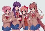  4girls bendedede blue_eyes blue_skirt blush bow breasts brown_hair closed_mouth doki_doki_literature_club eyebrows_visible_through_hair green_eyes hair_bow hair_ornament large_breasts lips long_hair looking_at_viewer monika_(doki_doki_literature_club) multiple_girls natsuki_(doki_doki_literature_club) open_mouth pink_eyes pink_hair pleated_skirt ponytail purple_eyes purple_hair red_bow sayori_(doki_doki_literature_club) short_hair skirt smile solo white_bow x_hair_ornament yuri_(doki_doki_literature_club) 