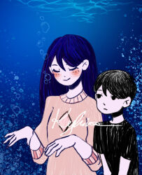  black_shirt blue_background brother_and_sister bubble commentary empty_eyes english_commentary imitating kyhira mari_(omori) omori pink_sweater shirt siblings smile sunny_(omori) sweater underwater water 