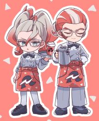  1boy 1girl :o apron black_bow black_bowtie black_shoes blue_eyes bow bowtie chibi closed_eyes commentary_request full_body griselle_(pokemon) grisham_(pokemon) hair_pulled_back highres holding holding_teapot kino_haruc looking_at_viewer multicolored_hair open_mouth pants pokemon pokemon_legends:_z-a ponytail red_apron red_background red_hair shirt shoes simple_background split_ponytail standing teapot tray two-tone_hair waist_apron white-framed_eyewear white_hair white_pants white_shirt 