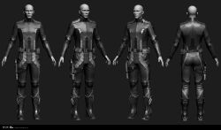  1boy 3d bald belt blender_(medium) bodysuit boots closed_mouth commentary company_logo copyright_logo copyright_name dated english_commentary eve_online from_behind full_body grey_background grey_belt greyscale gun handgun highres holster holstered lips logo long_sleeves marmoset_toolbag_(medium) maya_(medium) monochrome multiple_views nose official_art realistic science_fiction standing thigh_holster undoz weapon zbrush_(medium) 