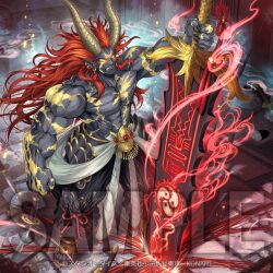  1boy abs akasuna_the_golden_deity_asutra anonymous_(yu-gi-oh!) biceps brown_hair clenched_teeth colored_skin copyright_logo duel_monster earrings grey_skin holding holding_sword holding_weapon horns jewelry logo manly muscular muscular_male no_pupils official_art oni pants pointy_ears sample_watermark sword teeth topless_male watermark weapon yu-gi-oh! 