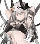  arknights arms_behind_head arms_up bangs bikini black_bikini black_choker black_hair breasts choker closed_mouth commentary emiya_negi eyebrows_visible_through_hair flower gradient gradient_background hair_flower hair_ornament highres horns jewelry large_breasts long_hair looking_at_viewer mudrock_(arknights) mudrock_(silent_night)_(arknights) navel necklace official_alternate_costume oripathy_lesion_(arknights) pointy_ears red_eyes silver_hair simple_background stomach swimsuit under_boob upper_body very_long_hair white_background yellow_flower 