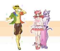  1boy 2girls aafff567346 ahoge alternate_costume animal_ears bell bikini black_eyes blonde_hair bracelet brown_shorts cat_ears cat_girl cat_tail choker closed_eyes commentary deltarune eyelid_pull eyewear_on_head flip-flops flower flower_necklace flowery_(deltarune) frilled_skirt frills ghost_pink_(deltarune) green_eyes green_shirt hair_bell hair_flower hair_ornament heart heart_necklace hibiscus highres holding_hands jewelry lei mad_mew_mew multiple_girls necklace orange_shirt pink_bikini pink_shoes platform_shoes purple_hair purple_shoes sandals scar scar_on_face scar_on_stomach see-through_clothes shirt shoes shorts skirt sparkle sunglasses swimsuit tail thick_eyebrows tongue tongue_out two-tone_shirt untranslatable_commentary utdr_(toby_fox) white_choker white_shirt 