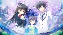  1boy 2girls :d arms_at_sides black_hair black_ribbon blazer blue_dress blue_eyes blue_jacket blue_necktie blue_shirt bow bowtie buttons cherry_blossoms child closed_eyes closed_mouth collared_shirt cowboy_shot cropped_jacket crying da_capo da_capo_iv double-breasted dress falling_petals game_asset grey_vest hair_ribbon half-closed_eyes hands_on_own_chest hat highres hime_cut jacket lapels long_hair long_sleeves loose_necktie mini_hat miniskirt multiple_girls necktie non-web_source open_collar outstretched_arms petals plaid_clothes plaid_vest pleated_skirt red_bow red_bowtie ribbon ribbon_trim sailor_collar school_uniform self-datamine shirt short_hair side-by-side skirt smile spread_arms straight_hair takano_yuki_(allegro_mistic) tears tokisaka_ichito tokisaka_nino tree very_long_hair vest white_jacket white_sailor_collar white_skirt 