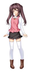  1girl aged_down black_skirt blush boots bright_pupils brown_hair casual corruption full_body game_asset grin hair_intakes half-closed_eyes heart heart_necklace inoino jewelry katsuragi_marina katsuragi_marina_(exs-tia_p) kouyoku_senki_exs-tia large_variant_set long_hair long_sleeves looking_at_viewer miniskirt necklace non-web_source official_art parted_lips pink_eyes self-datamine shirt simple_background skirt smile solo standing tachi-e thigh-highs transparent_background twintails variant_set white_pupils white_thighhighs zettai_ryouiki 