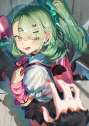  2girls absurdres arm_warmers bag commentary_request fur-trimmed_skirt fur_trim green_eyes green_hair hair_ornament hairclip highres kouchanthree looking_at_viewer multiple_girls multiple_hairclips nangong_yu necktie open_mouth pink_arm_warmers pink_bag pov pov_hands red_nails red_necktie shirt skirt sunna_(zenless_zone_zero) white_shirt white_wings winged_bag wings zenless_zone_zero 