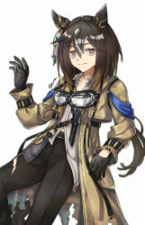  1girl animal_ears asymmetrical_shirt black_gloves black_hair black_pants brown_eyes brown_hair closed_mouth coat commentary_request ear_covers gloves goggles goggles_around_neck hair_between_eyes highres horse_ears horse_girl horse_tail hoshino_(masssssh) knife_sheath long_hair multicolored_hair pants sheath shirt simple_background smile solo stay_gold_(sunlit_outsider)_(umamusume) stay_gold_(umamusume) tail torn_clothes torn_coat torn_pants umamusume white_background white_hair white_shirt wrist_belt yellow_coat 
