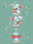  &gt;_&lt; :d black_eyes closed_mouth commentary_request green_background mudkip multiple_views no_humans oekakisulungo open_mouth pokemon pokemon_(creature) shaking smile tongue 