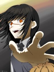  1girl black_hair blonde_hair blunt_bangs chainsaw_man commentary_request cross_scar dark_background highres open_hand red_eyes ringed_eyes scar scar_on_cheek scar_on_face scar_on_nose sidelocks smirk teeth tiramisut07e upper_teeth_only yoru_(chainsaw_man) 