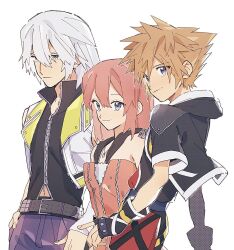  1girl 2boys aqua_eyes arms_behind_back attakaimizu7619 bare_shoulders belt black_belt black_gloves black_jacket black_vest blue_eyes blue_pants breasts brown_hair closed_mouth cowboy_shot cropped_jacket dress fingerless_gloves gloves grey_hair hair_between_eyes highres hood hood_down hooded_dress jacket jewelry kairi_(kingdom_hearts) kingdom_hearts kingdom_hearts_ii light_smile medium_breasts medium_hair multiple_boys necklace pants pink_dress red_hair riku_(kingdom_hearts) short_hair silver_necklace sleeveless sleeveless_dress sora_(kingdom_hearts) spiky_hair upper_body vest white_background white_jacket white_trim yellow_trim 