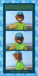  1other absurdres alt_text baseball_cap bird bird_droppings blog blue_hat brown_hair commentary deltarune english_commentary english_text goomyloid green_shirt hat highres kris_(deltarune) other_focus partially_shaded_face shirt short_hair snowflakes thumbs_up utdr_(toby_fox) 