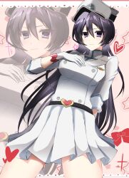  1girl artist_name bambietta_basterbine belt black_belt black_hair bleach breasts brooch buckle gloves hair_between_eyes hand_on_own_chest hat heart heart-shaped_buckle heart_brooch highres jacket jewelry large_breasts light_blush light_smile long_hair looking_at_viewer military_jacket peaked_cap pleated_skirt skirt syouzyon_1223 very_long_hair violet_eyes white_gloves white_hat white_jacket white_skirt zoom_layer 