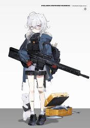  1girl ahoge animal_ears baby_animal backpack bag bandaid bandaid_on_knee bandaid_on_leg bandaid_on_thigh bear bear_cub blue_jacket commentary_request fish full_body fur-trimmed_jacket fur_trim gloves gun highres holding holding_gun holding_weapon ierotak jacket miniskirt original polar_bear red-framed_eyewear red_gloves rifle scope shoes skirt sniper_rifle socks solo standing tareme turtleneck undersized_animal violet_eyes walkie-talkie watch weapon white_hair 