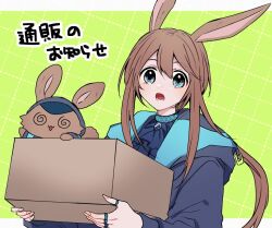  1girl :o amiya_(arknights) animal_ears arknights ascot black_ascot black_jacket blue_collar blue_eyes border box brown_hair cardboard_box collar commentary_request dotted_line fingernails green_background grid_background holding holding_box jacket jewelry kyouna long_hair long_sidelocks long_sleeves looking_at_viewer lower_teeth_only multiple_rings open_mouth outside_border ring sidelocks solo stuffed_animal stuffed_toy teeth upper_body white_border 