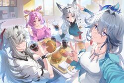  1boy 3girls abbystea animal_ears aqua_eyes bad_source blue_eyes chicken_sandwich commentary_request crop_top drink eating feixianji_(hairstyle) feixiao_(honkai:_star_rail) food food_in_mouth forehead_jewel fox_ears fox_girl french_fries fu_xuan_(honkai:_star_rail) grey_hair hair_intakes hair_over_one_eye hair_rings highres holding holding_drink holding_food holding_sandwich honkai:_star_rail honkai_(series) jacket jewelry jing_yuan long_hair multiple_girls navel necklace pink_hair pink_sweater ponytail restaurant russian_commentary salute sandwich selfie sitting soda sweater tank_top tray turtleneck two-finger_salute v white_hair white_jacket white_tank_top yao_guang_(honkai:_star_rail) yellow_eyes 