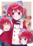  1girl :d absurdres blush bow closed_eyes disembodied_head hair_bow hand_up highres leaf looking_to_the_side maple_leaf multiple_heads parted_lips red_eyes red_scarf redhead scarf sekibanki simple_background smile solo toraneko_2 touhou 