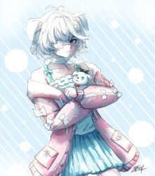  absurdres ahoge animal_ears aqua_bow aqua_eyes aqua_shirt aqua_skirt artist_name blue_background bow buttons character_request collarbone dog_ears draw_this_in_your_style_challenge eyepatch grey_hair hair_bow hair_ornament hairclip highres holding holding_toy indie_virtual_youtuber jacket light_smile medical_eyepatch mr_fear off_shoulder pink_jacket pleated_skirt shirt short_hair skirt star_(symbol) toy virtual_youtuber white_bow 