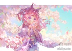  1girl absurdres alternate_costume animal_ears beiqi_coconut blowing carrot_hair_ornament cherry_blossoms flower food-themed_hair_ornament hair_flower hair_ornament haru_urara_(umamusume) highres horse_ears horse_girl japanese_clothes kimono long_hair long_sleeves looking_at_viewer obi obijime petals pink_eyes pink_flower pink_hair pink_petals sash solo tree umamusume wide_sleeves 