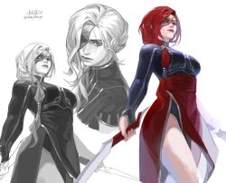  1girl absurdres brady_(readybrady) braid dagger dress dual_wielding grey_eyes highres holding holding_weapon katarina_(league) knife league_of_legends lips mask multiple_views prestige_masque_of_the_black_rose_katarina red_hair red_lips scar scar_across_eye scar_on_face signature simple_background twitter_username weapon white_background 