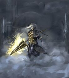  1boy ano68121619_ds armor blue_skirt breastplate commentary crown dark_souls_(series) dark_souls_iii grey_hair highres holding holding_polearm holding_weapon long_hair middle_eastern_architecture nameless_king polearm scarf scarf_over_mouth short_sleeves skirt solo spear storm weapon 