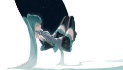  1girl absurdly_long_hair absurdres aqua_hair aqua_nails aqua_necktie aqua_trim black_boots black_skirt black_sleeves boots breasts chinese_commentary closed_mouth commentary detached_sleeves fingernails grey_shirt hatsune_miku highres long_hair nail_polish necktie pleated_skirt shirt skirt sleeping sleeveless sleeveless_shirt small_breasts solo star_(sky) thigh_boots tie_clip tlseone twintails very_long_hair vocaloid white_background wide_sleeves zettai_ryouiki 