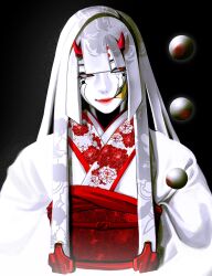  1girl android axoxuxlll_00 black_eyeliner commentary eyeliner floral_print fringe_trim highres horns japanese_clothes kimono long_hair makeup mechanical_eyes multicolored_hair obi omnic overwatch patterned_hair red_eyes red_horns red_lips robot_girl robot_hair sash shion_(overwatch) smile solo suit upper_body white_hair white_kimono 