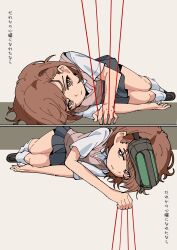  2girls absurdres black_shoes black_skirt bright_pupils brown_eyes brown_hair brown_sweater_vest chinese_commentary commentary_request goggles goggles_on_head highres lineup looking_at_viewer lying m57 misaka_imouto misaka_mikoto multiple_girls on_side school_uniform shirt shoes siblings sisters skirt socks string string_of_fate sweater_vest toaru_kagaku_no_railgun toaru_majutsu_no_index tokiwadai_school_uniform translation_request white_shirt white_socks 