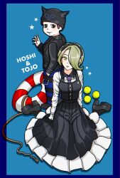  1boy 1girl anime_coloring back-to-back ball beanie black_dress black_eyes black_gloves black_hat black_jacket black_pants black_shoes black_socks blue_background blue_border blue_pants border breasts brown_hair buckle buttons character_name cigarette collared_jacket collared_shirt commentary_request contrast_collar danganronpa_(series) danganronpa_v3:_killing_harmony dot_nose dress expressionless fake_horns frilled_dress frilled_shirt_collar frilled_sleeves frills from_behind gloves green_eyes green_hair hair_over_one_eye hand_in_pocket happy hat high_heels highres holding holding_cigarette horned_headwear horns hoshi_ryoma jacket lapels layered_dress leather leather_jacket lifebuoy light_blush long_dress long_sleeves looking_at_viewer looking_back maid_headdress necktie notched_lapels pants parted_lips pinafore_dress pleated_dress pocket prison_clothes pumps purple_necktie rope shadow shirt shiruko_(mikan4649) shoes short_hair short_male simple_background sitting sleeveless sleeveless_dress smile socks star_(symbol) swim_ring taller_female_shorter_male tennis_ball tojo_kirumi two-tone_pants wariza white_shirt zipper zipper_pull_tab 