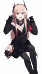  1girl absurdres armband black_gloves black_jacket black_legwear blonde_hair girls_frontline gloves headgear highres hinami047 jacket long_hair long_sleeves m4_sopmod_ii_(girls&#039;_frontline) m4_sopmod_ii_jr multicolored_hair red_eyes redhead sitting streaked_hair 