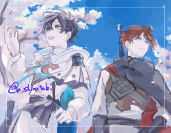  2boys a_shiratobi abel_(mizuzokusei_no_mahoutsukai) black_hair blue_sky brooch cape cloak commentary_request earrings highres hood hooded_cloak jewelry long_sleeves male_focus mizuzokusei_no_mahoutsukai multiple_boys open_mouth outdoors red_cape red_hair robe ryou_(mizuzokusei_no_mahoutsukai) sash sheath sheathed short_hair sky smile sword tree weapon white_robe 