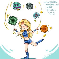  ! 1girl alien arachnus blonde_hair blue_shorts commentary crop_top dated juggling kicking long_hair lr18met metroid metroid_(creature) metroid_fusion midriff navel samus_aran shell shorts spoken_exclamation_mark 