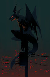  building cable city cityscape claws demon_wings devidramon digimon digimon_(creature) glowing glowing_eyes head_wings highres looking_ahead night no_humans on_top_of_pole parted_lips power_lines red_eyes red_light sei_(seiryuuden) sharp_teeth skull_print skyline skyscraper solid_eyes solo tail teeth torn_wings urban utility_pole wings 