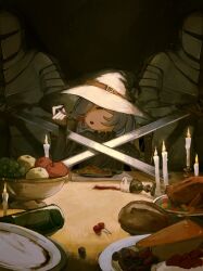  1girl 2boys absurdres alcohol apple armor black_eyes bread breastplate buckle candle cheesecake cherry chicken_(food) commentary crossed_swords eating food fork fruit fruit_tart glass_bottle grapes grey_hair hair_over_one_eye hat hdf5sv helm helmet highres holding holding_fork knight light_particles multiple_boys noodles open_mouth original pasta plate plate_armor spaghetti sword table tablecloth tart_(food) untranslatable_commentary weapon wine witch witch_hat 