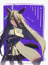  1girl absurdres ahoge animal_ears arm_across_waist artist_name black_choker black_coat black_gloves black_hair black_pantyhose black_skirt blunt_ends blush choker coat collared_shirt commentary_request ear_ornament ear_tag earrings elinanoodles gloves hem_peeking_out highres horse_ears horse_girl horse_tail jewelry long_hair long_sleeves manhattan_cafe_(umamusume) multicolored_hair necktie pantyhose pleated_skirt shirt single_earring skirt solo tail twitter_username umamusume very_long_hair white_hair white_shirt yellow_eyes yellow_necktie 