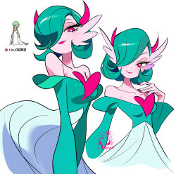  1girl absurdres blush bob_cut dixretsa dress feathers gardevoir green_dress green_hair hair_over_one_eye highres humanization leaning_forward long_dress looking_at_viewer nail_polish one_eye_covered pink_eyes pink_nails pokemon pokemon_ruby/sapphire/emerald red_eyes red_nails short_hair solo white_dress 