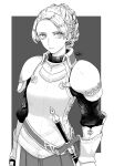  1girl armor braid chris_lightfellow closed_mouth french_braid gensou_suikoden gensou_suikoden_iii gloves greyscale highres looking_at_viewer monochrome sakai_(motomei) short_hair silver_hair simple_background solo sword violet_eyes weapon 