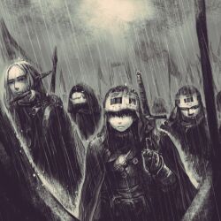  4boys armor army belt breastplate cape closed_mouth commentary_request fantasy flag gauntlets hair_between_eyes helmet highres hood hood_down hood_up hooded_cape jun_(navigavi) lips looking_to_the_side male_focus medium_hair monochrome multiple_boys nose original outdoors people pointy_ears polearm rain reptile_boy sheath sheathed short_hair spear sword sword_on_back upper_body very_short_hair weapon weapon_on_back wet wet_hair 
