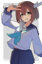  1girl :3 antlers blue_neckerchief blue_sailor_collar blue_skirt blush border bright_pupils brown_hair closed_mouth commentary_request cowboy_shot deer_antlers deer_cracker deer_girl double-parted_bangs double_horizontal_stripe food green_eyes grey_background hair_between_eyes highres holding holding_food horns long_sleeves looking_at_viewer neckerchief outside_border pleated_skirt sailor_collar school_uniform serafuku shikanoko_noko shikanoko_nokonoko_koshitantan shirt short_hair simple_background skirt smile solo tetenka twitter_username v-shaped_eyebrows white_border white_pupils white_shirt 