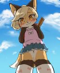  1girl :3 animal_ear_fluff animal_ears animal_hands animal_nose artist_name bangs blonde_hair blue_sky blush bow brown_eyes brown_fur character_request child closed_mouth clouds commentary_request copyright_request day eyebrows_visible_through_hair fox_ears fox_girl fox_tail from_below furry furry_female highres kinokoningen kneehighs light_brown_hair looking_at_viewer looking_down outdoors panties pantyshot pink_shirt pleated_skirt print_legwear shirt short_hair signature skirt sky sleeveless sleeveless_shirt smile solo standing tail twitter_username underwear upskirt white_bow white_panties 