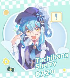  ! 1girl :d artist_request bird_hat_ornament black_bow black_bowtie black_capelet black_hat blue_hair blue_necktie bow bowtie braid braided_hair_rings capelet character_name collared_shirt commission dated deerstalker glasses grey_vest hair_bow hair_rings hat hat_bow highres long_sleeves looking_at_viewer mahou_shoujo_no_majo_saiban necktie open_mouth second-party_source shirt short_hair smile solo sparkle spoken_exclamation_mark tachibana_sherry upper_body vest white_shirt yellow_eyes 