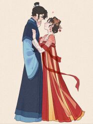  2girls absurdres black_eyes blue_hanfu charathegay chinese_clothes chinese_hairpin closed_mouth commentary earrings english_commentary floating_earrings hair_ornament hair_stick hand_on_another's_face hanfu heart highres jewelry jing_wei_qing_shang looking_at_another multiple_girls nangong_jingnu qiyan_agula red_hanfu smile topknot xiao_guan_(headdress) yellow_eyes yuri 