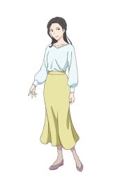  1girl black_hair closed_mouth diamond-shaped_earrings full_body harada_natsume highres kono_hon_wo_nusumu_mono_wa kurosawa_keiko long_hair long_skirt long_sleeves official_art pink_shoes shirt shoes simple_background skirt smile solo tachi-e transparent_background white_shirt yellow_skirt 