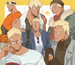  1boy absurdres backpack bag beanie black_tank_top blonde_hair commentary dark-skinned_male dark_skin earrings gamagoori_ira glasses hair_slicked_back hat headband highres jacket jewelry kill_la_kill looking_at_viewer male_focus multiple_views orange_shirt pants parted_bangs qin_(7833198) reading shirt sunglasses sweat sweater tank_top towel towel_around_neck untranslatable_commentary unworn_eyewear white_pants white_shirt 