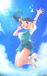  1girl :d ;d artist_name bird blue_eyes blue_hair blue_shirt blue_shorts blue_sky bow clouds cloudy_sky commentary_request contrail cut_bangs hair_bow highres hirogaru_sky!_precure jumping kyanos_(b_0000ff) legs_up lens_flare medium_hair mirage_pen one_eye_closed partial_commentary precure shirt shoes short_sleeves shorts side_ponytail signature single_sidelock sky smile sneakers socks solo sora_harewataru sun t-shirt two-tone_shirt waving white_shirt white_socks yellow_bow yellow_shoes 