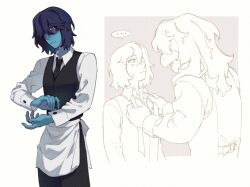  ... 1girl 1other absurdres apron black_necktie black_vest blue_hair blue_skin brown_eyes charathegay collared_shirt colored_skin commentary deltarune highres kris_(cooking_show)_(deltarune) kris_(dark_world)_(deltarune) kris_(deltarune) light_blush long_sleeves necktie shirt short_hair spoken_ellipsis susie_(deltarune) tying_necktie utdr_(toby_fox) vest white_apron white_shirt 