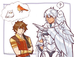  2boys ? angel antenna_hair armor bird brown_hair crossover edward_(fire_emblem) english_commentary fingerless_gloves fire_emblem fire_emblem:_fortune's_weave fire_emblem:_radiant_dawn flamingo_(eme324) gloves green_eyes grey_hair hair_between_eyes hand_on_own_chin height_difference highres in-franchise_crossover joshua_waters looking_at_another looking_down looking_to_the_side looking_up male_eshmel_(fire_emblem) multiple_boys owl shade short_sleeves speech_bubble spoken_question_mark standing thought_bubble upper_body voice_actor_connection white_background yellow_eyes 