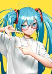  1girl absurdres ahoge aqui2002 blue_eyes blue_hair closed_mouth commentary english_commentary glasses hatsune_miku highres long_hair looking_at_viewer red-framed_eyewear semi-rimless_eyewear shirt simple_background sleeves_rolled_up smile solo twintails under-rim_eyewear upper_body vocaloid white_shirt yellow_background 
