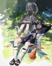  1boy 1girl absurdres aranara_(genshin_impact) ararycan_(genshin_impact) armlet arms_at_sides arms_behind_head asymmetrical_sidelocks black_bodysuit black_bow black_bridal_gauntlets black_hair black_sandals black_shorts blue_cape blue_gem blue_kimono blue_sleeves blunt_ends bodysuit book bow bracelet braid bridal_gauntlets cape closed_eyes closed_mouth detached_sleeves dress eyelashes facing_down feathers full_body furisode gem genshin_impact gold gold_armlet gold_bracelet gold_trim grass green_cape green_gem green_hair green_sleeves grey_trim hair_between_eyes hair_ornament hakama hakama_shorts half_crown_braid heart heart_hair_ornament highres holding holding_book japanese_clothes jewelry juban kimono layered_sleeves leaf leaf_hair_ornament leg_warmers long_hair looking_at_another lying mandarin_collar mayonakaniwa multicolored_hair nahida_(genshin_impact) on_back on_ground open_book open_clothes open_kimono open_mouth pleated_shorts pom_pom_(clothes) purple_rope purple_sash reading rope sandals sash scaramouche_(genshin_impact) short_dress short_sleeves shorts shoulder_peek side_cape side_ponytail sidelocks sitting socks streaked_hair tassel toeless_legwear toeless_socks toenails toes tsurime twitter_username violet_eyes vision_(genshin_impact) wanderer_(genshin_impact) watermark white_dress white_hair white_kimono white_leg_warmers white_sleeves white_socks white_trim wispy_bangs yellow_feathers zouri 